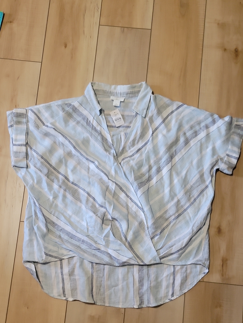 LOFT Light Blue and White Striped Wrap-Style Blouse